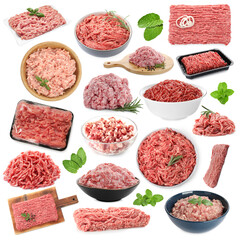 Fresh raw minced meat on white background, collage