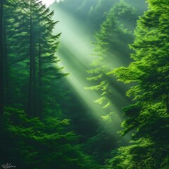 Sunlight piercing through a dense green forest.