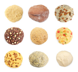 Different types of dough isolated on white, set