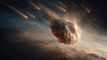 Dozens of meteorites streak across the sky, falling toward Earth in a spectacular and intense celestial meteor shower.