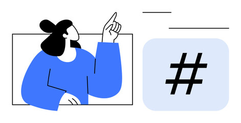 Woman raising finger to emphasize a trending metadata tag, signifying online trends, social media, engagement. Ideal for content marketing, online presence, community building, branding, digital