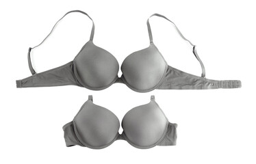 Beautiful grey bra isolated on white, collage. Top view