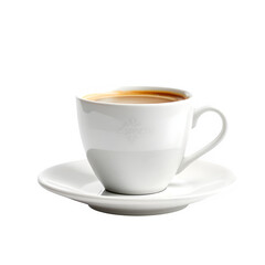 Obraz premium A white ceramic cup filled with a beverage sitting on a matching saucer on a black background studio shot