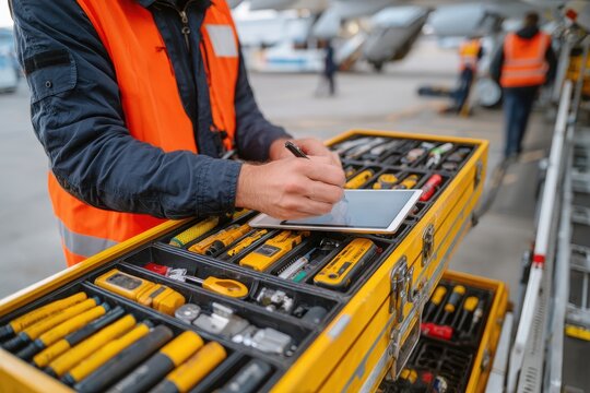 Worker Using Tablet for Maintenance in Aircraft Hangar with Tools