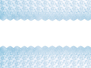 Frame made of beautiful light blue lace on white background