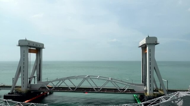 The vertical lift section of the new Pamban railway sea bridge at Rameswaram, Tamil Nadu, India
