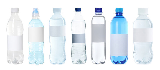 Plastic bottles with water on white background, set