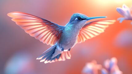 Obraz premium Hummingbird Hovering In Flight Among Flowers High Resolution Photo