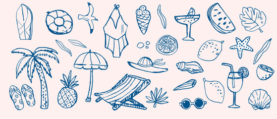 Hand-drawn beach icons featuring tropical elements and summer activities. dolce vita summer doodle vector illustration. Italian style.