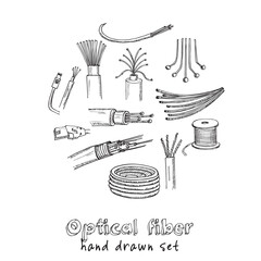 Optical fiber hand drawn doodle set. Vector illustration. Isolated elements on white background. Symbol collection.
