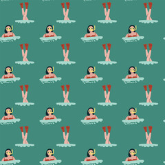 Seamless pattern of women swimming and floating on clouds.