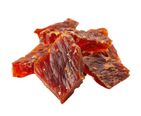 Savory beef jerky snacks for hiking and outdoor adventures on a transparent background, cut out