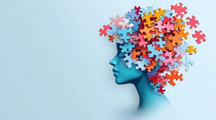 Fototapeta premium Creative illustration of a blue human head silhouette with colorful puzzle pieces flying out, symbolizing mental health, mind, and problem-solving on light background