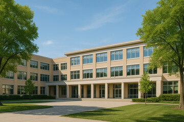 Fototapeta premium Modern campus courtyard with green trees and clear blue sky on sunny day, featuring beige three story academic building