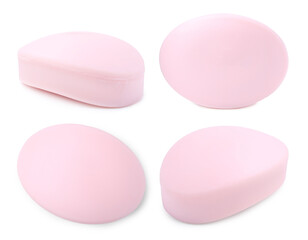 Pink soap bar on white background, collage. Top and side view