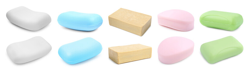 Different soap bars on white background, set