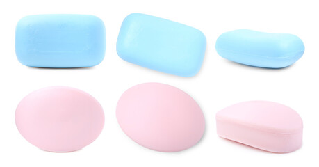 Light blue and pink soap bars on white background, set. Top and side view