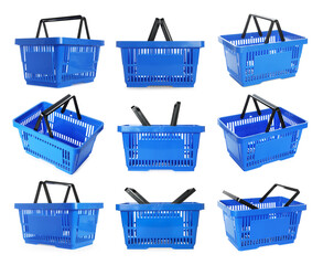 Blue shopping basket on white background, collage. View from different sides