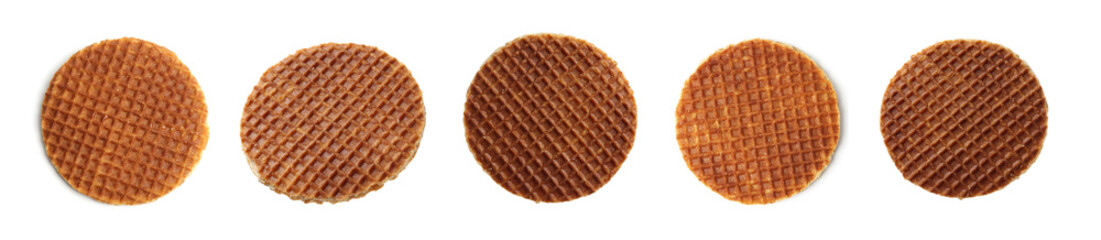 Yummy Dutch waffles isolated on white, set