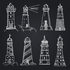 Lighthouse hand drawn doodle set. Vector illustration. Isolated elements on white background. Symbol collection.