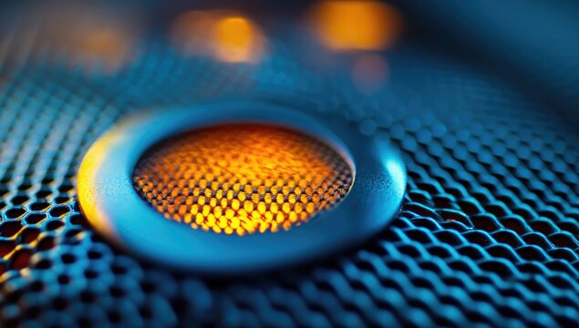 Close-up of a metallic mesh with a glowing orange circle