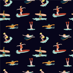 Colorful surfing and swimming cartoon pattern with diverse children on dark background.