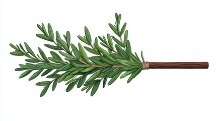 Fototapeta premium Vibrant Green Rosemary Sprig Tied to Wooden Stick on White