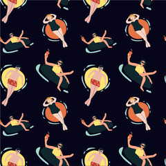 Retro summer seamless pattern with fashionable swimmers in vintage swimwear.