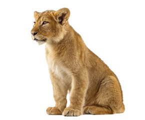 Obraz premium Lion cub sitting gracefully in a natural pose for educational purposes on a transparent background, cut out