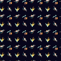 Seamless pattern of flying superheroes on black background.