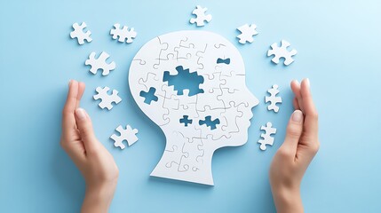 Human head made of white puzzle pieces with missing parts and hands around it on blue background, symbolizing mental health and support