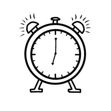 Hand drawn alarm clock vector illustration. Classic alarm clock ringing line art. Black and white retro ringing clock sketch style