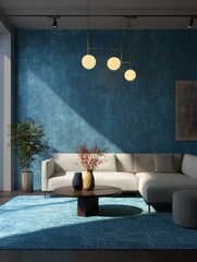 Contemporary living room with teal rug and blue textured walls.