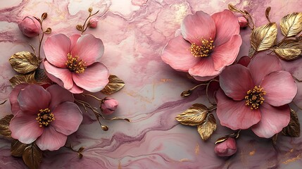 Luxurious pink flowers adorned with golden leaves and set upon a marble textured photo background