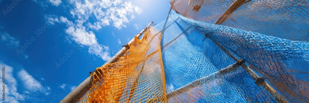 Poster construction netting covers an urban building under a clear blue sky with scattered clouds, showcasi