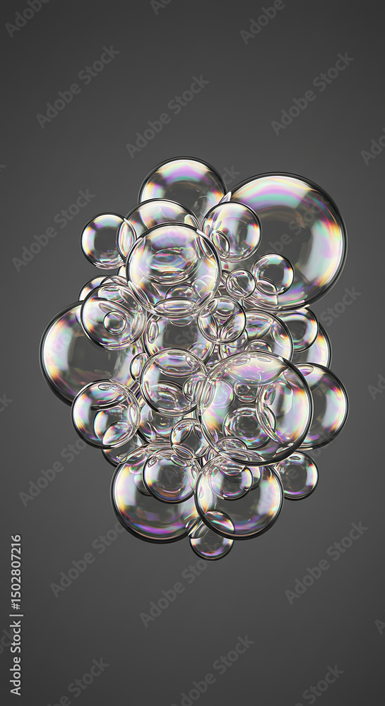 Poster abstract iridescent bubbles soap bubbles cluster floating spheres 3d render glossy texture science