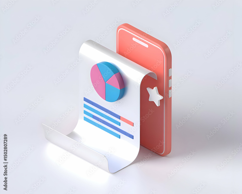 Poster mobile app data analysis report with pie chart and star rating