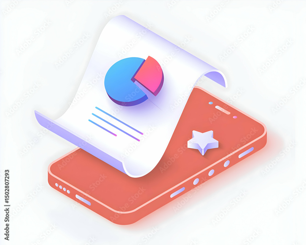 Poster mobile phone displaying business report with pie chart and star rating