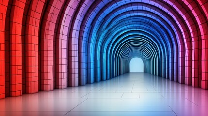 Vibrant Pixel Art Tunnel Red, Blue, and Purple Arched Walls with Neon Lighting
