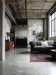 Industrial loft interior with exposed concrete and brick.