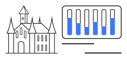 Gothic-style castle with spires alongside a modern bar chart with blue columns. Ideal for history, analytics, architecture, medieval studies, data visualization, education, tourism, simple landing