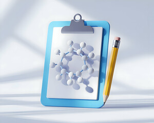 Obraz premium 3D Render of a Clipboard with Molecular Structure and Pencil