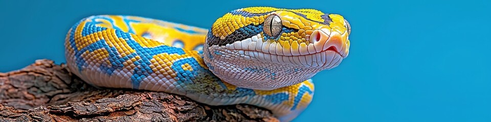 Fototapeta premium Vibrant Reticulated Python with Yellow And Blue Scales Resting on a Brown Log Against Blue Backdrop