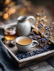 Fototapeta premium Cozy tea setup with honey, berries, and a rustic background, perfect for autumn vibes