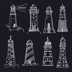 Lighthouse hand drawn doodle set. Vector illustration. Isolated elements on white background. Symbol collection.