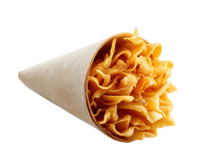 Delicious crispy snacks in a paper cone for party enjoyment on a transparent background, cut out