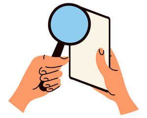 Hand holds smartphone with a loupe. Search concept. Cartoon isolated vector illustration.