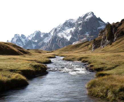 Scenic mountain landscape with a flowing river and grassy hills on a transparent background, cut out - Powered by Adobe