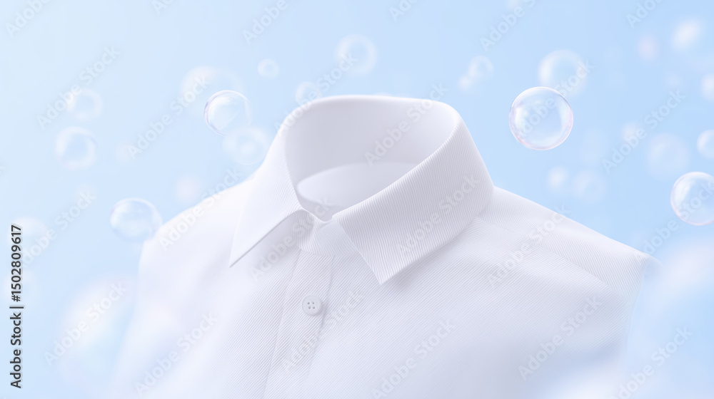 Poster white shirt mock up with collar and buttons, surrounded by soft bubbles, creating a fresh and clean 