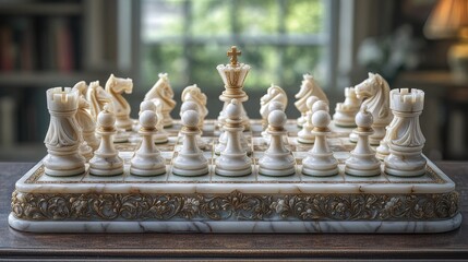 Intricate ivory chess set elegantly displayed on a vintage wooden table in a sunlit room full of books and greenery